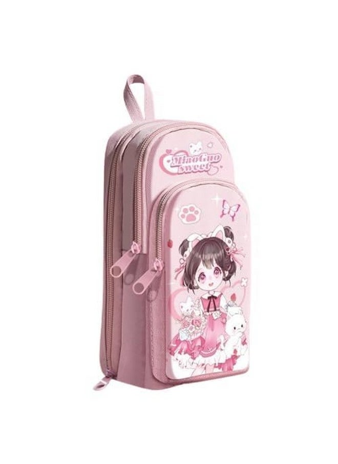 Brand Conquer Brand Conquer Canvas Premium Pencil Case Hang able 6 Layer with 3 Compartment Cute Aesthetic Pencil Case for Girls Large Capacity Pencil Pouch for Kids Cute Stationary Gift for Kids (Girl Pink)  - Image 1