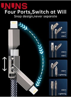 UNUNS 4 in 1 USB C Cable Lightning Cable MFi Certified,100W Fast Charging Data Sync, Flat Braided Anti-Tangle iPhone Charger Cord With Velcro,Multi Charging Cable Lightning/Type C/USB A Ports,5ft  - Image 2