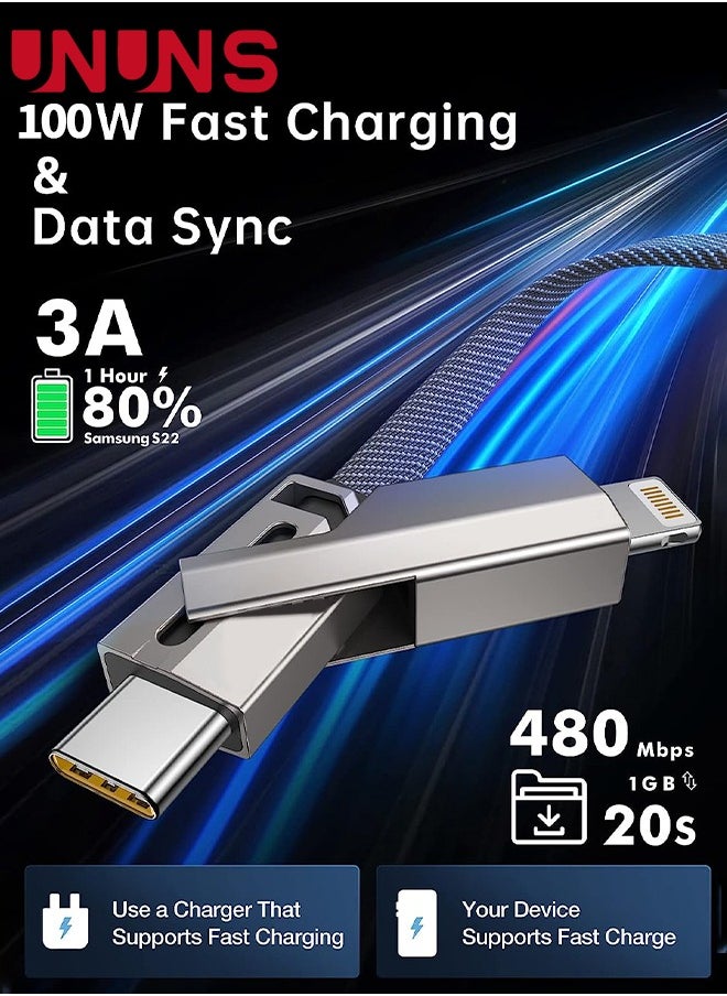 UNUNS - 4 in 1 USB C Cable Lightning Cable MFi Certified,100W Fast Charging Data Sync, Flat Braided Anti-Tangle iPhone Charger Cord With Velcro,Multi Charging Cable Lightning/Type C/USB A Ports,5ft - Image 1