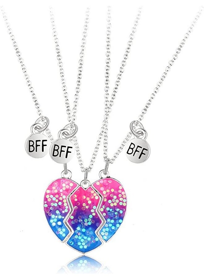 El Regalo - El Regalo 3 PCs BFF Best Friend Forever Split Heart Magnetic Matching Pendant Necklaces Set for Kids/Girls/Teens- Friendship Puzzle Necklaces Sets for Besties (Sparkly Blue Heart) - Image 1