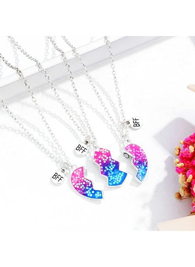 El Regalo - El Regalo 3 PCs BFF Best Friend Forever Split Heart Magnetic Matching Pendant Necklaces Set for Kids/Girls/Teens- Friendship Puzzle Necklaces Sets for Besties (Sparkly Blue Heart) - Image 1