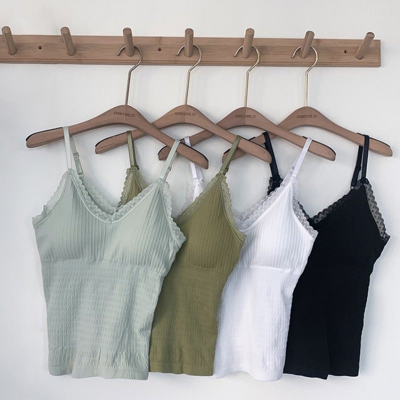 Women's V-Neck Camisole with Padded Bra and Lace Trim - Image 1