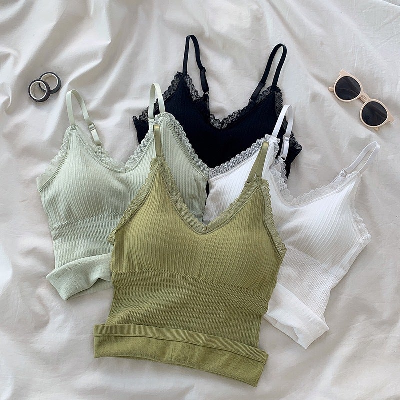 Women's V-Neck Camisole with Padded Bra and Lace Trim - Image 2