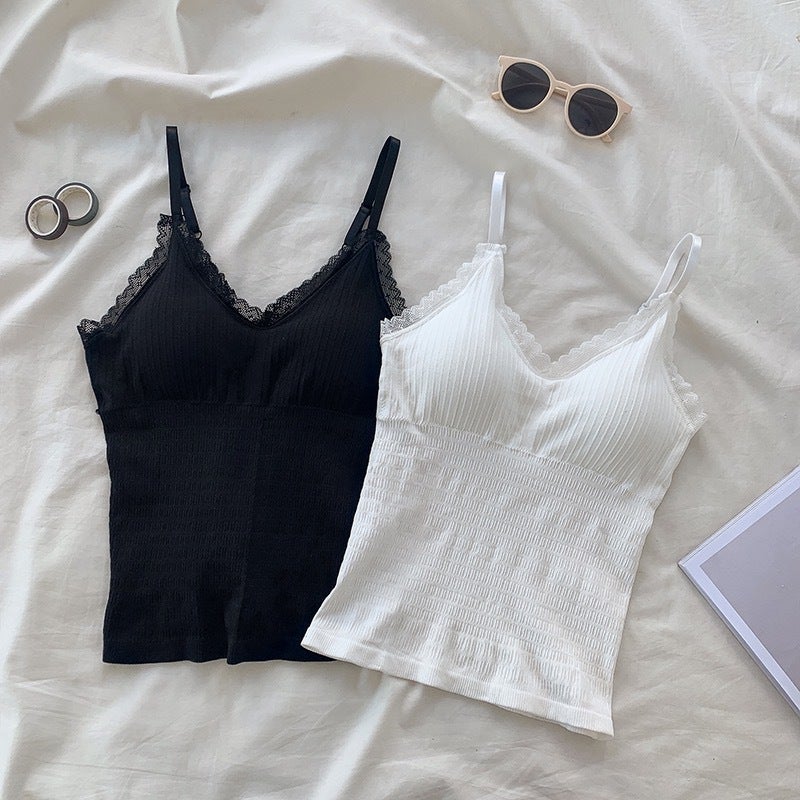 Women's V-Neck Camisole with Padded Bra and Lace Trim - Image 4