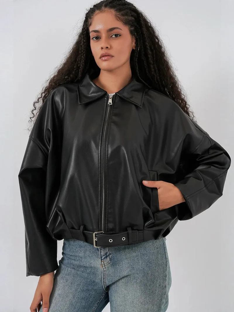 BIG DART BDART Oversized Faux Leather Belted Jacket
