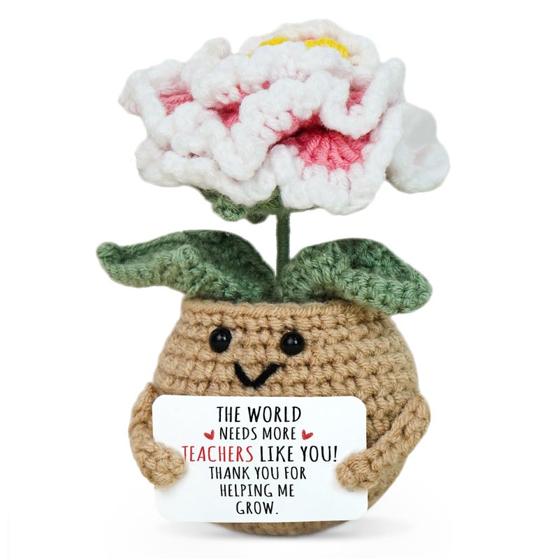 OASSIE Christmas Teacher Gifts for Women  Mini Handmade Positive Peony Flower Crochet with Card  Stocking Stuffers Appreciation Graduation End of Year Birthday Gifts for Teachers Women