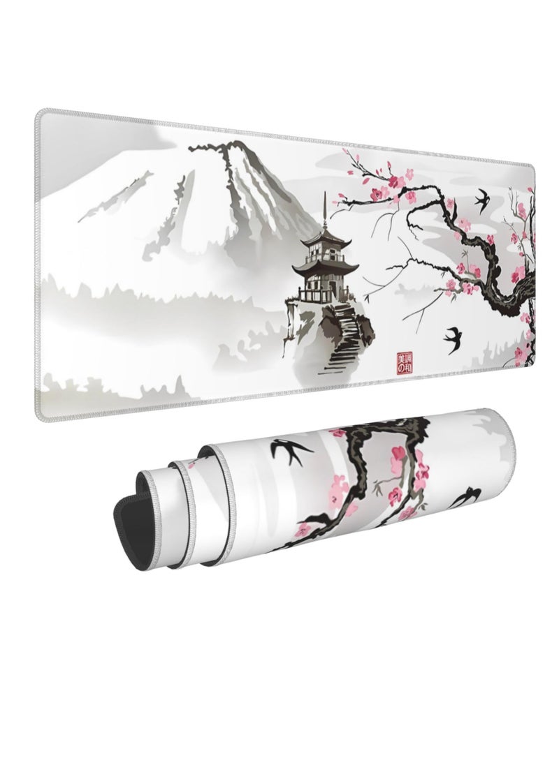Milatech - Milatech Gaming Mouse Pad XL Japanese Pagoda and Cherry Blossom Branch Oversized Mouse Pad Desk Mat Mouse Pad with Stitched Edges Long Non-Slip Rubber Base 80x30cm - Image 1