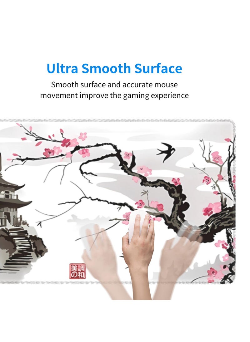 Milatech - Milatech Gaming Mouse Pad XL Japanese Pagoda and Cherry Blossom Branch Oversized Mouse Pad Desk Mat Mouse Pad with Stitched Edges Long Non-Slip Rubber Base 80x30cm - Image 1