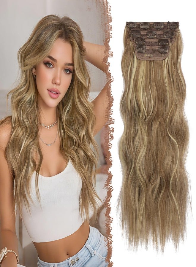 FESHFEN Clip in Hair Extensions - 4 PCS Long Wavy Thick Clip in Hairpieces Full Head Natural Soft Synthetic Hair Extension for Women, Bahama Beige 20 Inch - Image 1