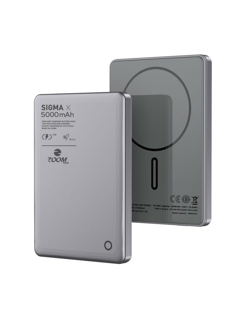 Zoom Plus - 5000 mAh ZP-W05 MagSafe Battery ( Sigma Super Slim With Wireless Metal And Glass 5K ) Magnetic Power Bank, Wireless Portable Charger, 20W Fast Charging Battery Pack with USB-C Compatible with Magsafe, iPhone 15/15 Plus/15 Pro/15 Pro Max16 Pro Max, iPhone 14/13/12/15/16 - Image 1