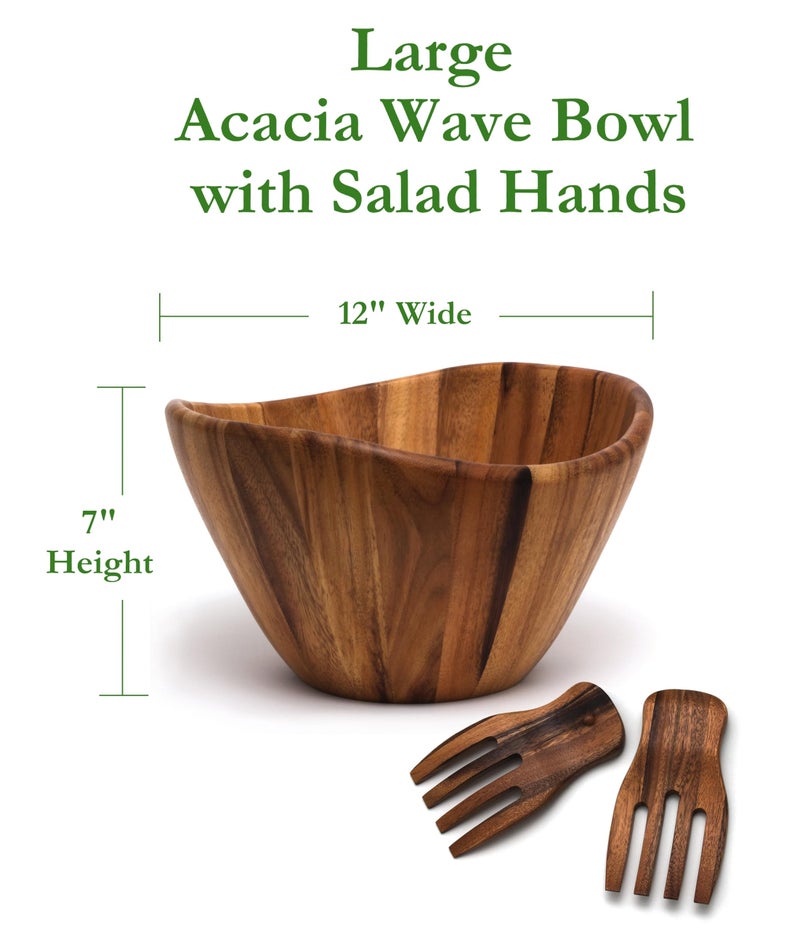Lipper International Acacia Wave Bowl with Salad Hands - Image 3