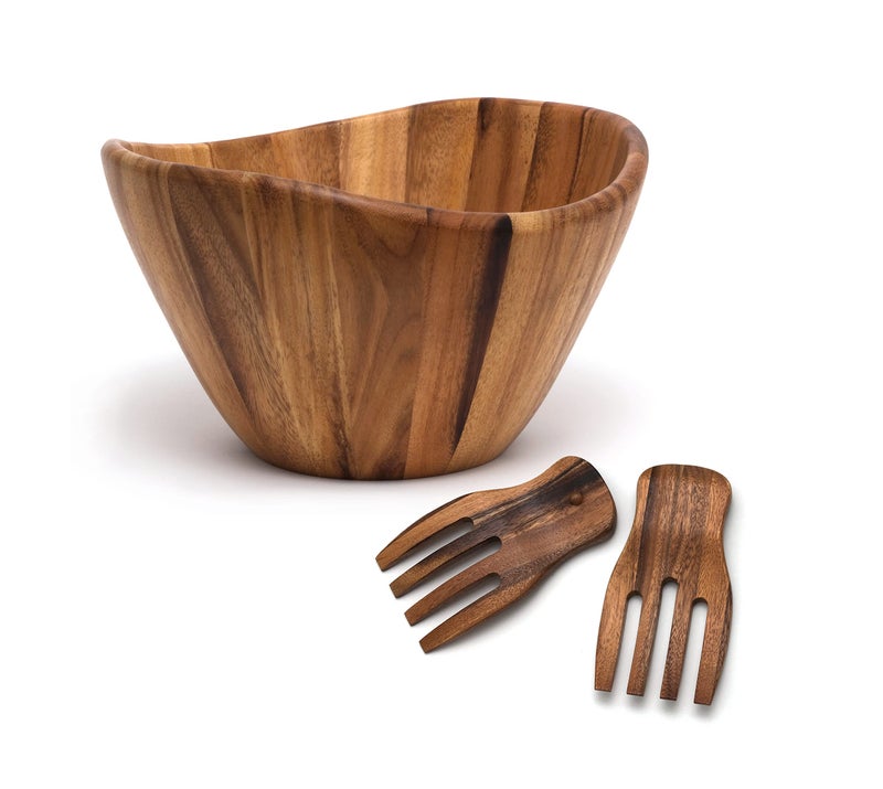 Lipper International Acacia Wave Bowl with Salad Hands - Image 1