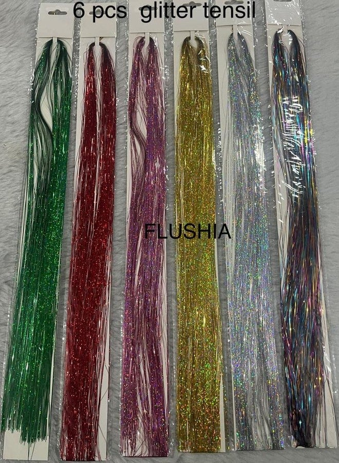 FLUSHIA خصلات شعر لامعة من فلوشيا® (40 بوصة، 6 ألوان، 2400 خصلة)، وصلات شعر لامعة، وصلات شعر قابلة للشد | وصلات لامعة | وصلات شعر مميزة [6 قطع] - Image 1
