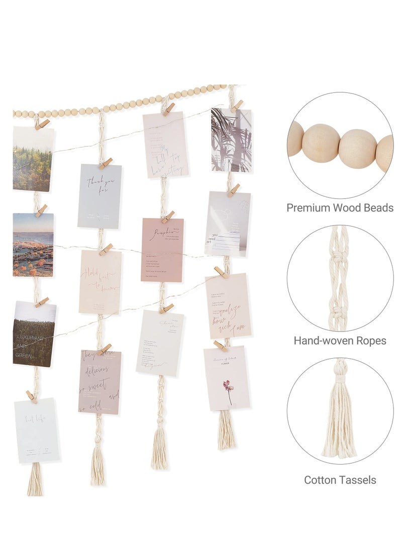 Macrame Hanging Photo Display Wall Decor, with String Lights Boho Wooden Beads Garland Collage Picture Frame Holder, with 45 Clips for Bedroom Living Room Nursery Dorm, Teen Girl Christmas Gifts - Image 5