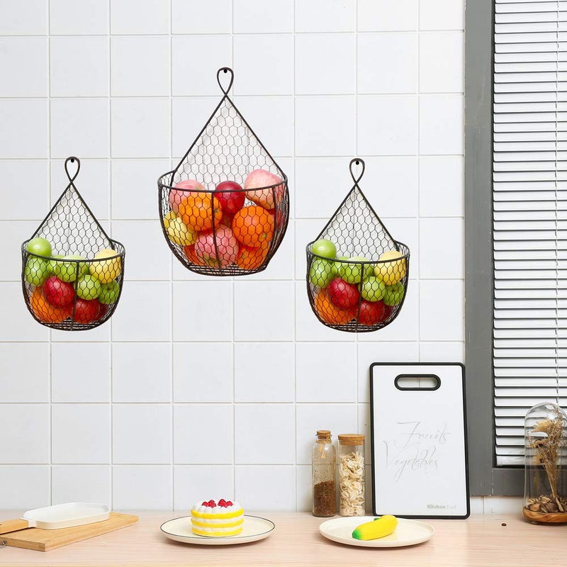 ERYTLLY Metal Fruit And Vegetable Storage Hanging Basket Wall Mounted, Hanging Basket For Kitchen Black Wire Baskets for Flowers, Fruits and Veggies - Set of 3 - Image 2