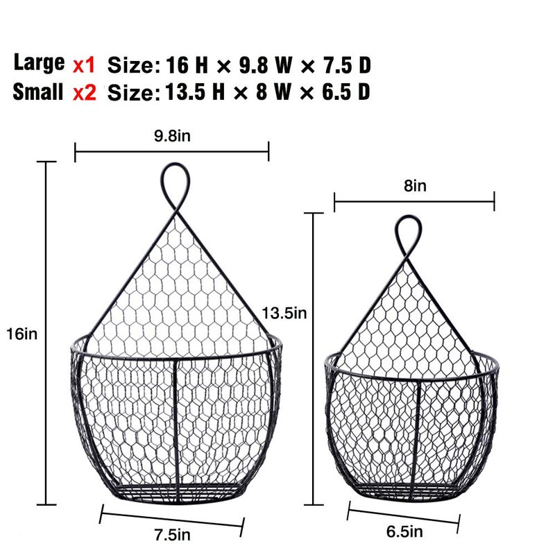 ERYTLLY Metal Fruit And Vegetable Storage Hanging Basket Wall Mounted, Hanging Basket For Kitchen Black Wire Baskets for Flowers, Fruits and Veggies - Set of 3 - Image 4