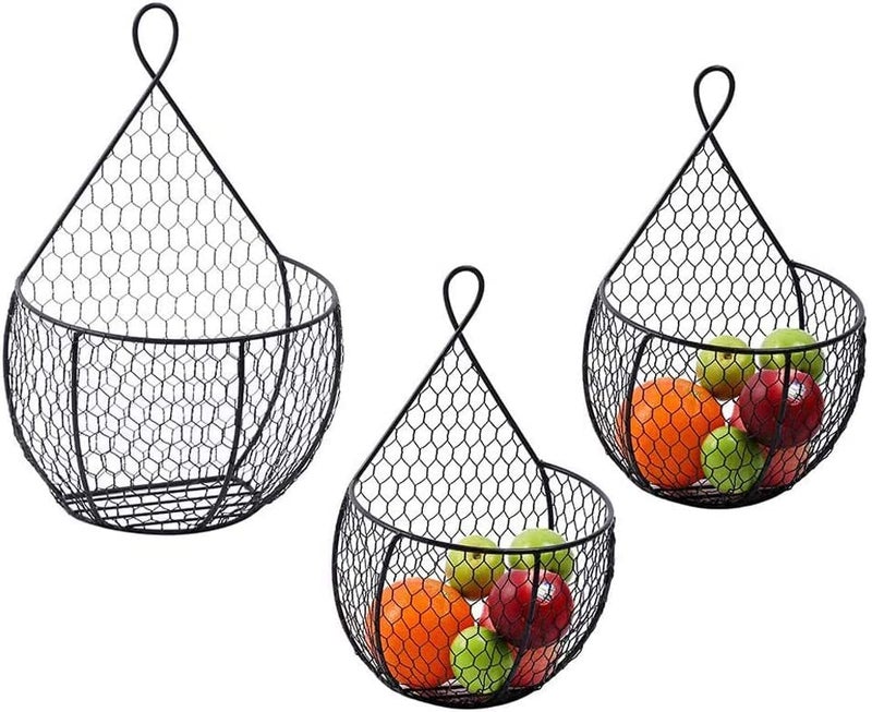 ERYTLLY Metal Fruit And Vegetable Storage Hanging Basket Wall Mounted, Hanging Basket For Kitchen Black Wire Baskets for Flowers, Fruits and Veggies - Set of 3 - Image 1