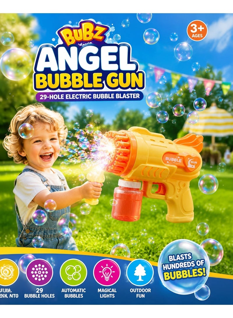 BUBZ Angel Bubble Gun Electric for Kids 29 Hole Automatic Bubble Blaster Toy with Magical LED Lights High Output Bubble Machine for Toddlers Boys Girls Outdoor Summer Garden Beach Party Birthday Fun Includes Bubble Solution 3+ Years - Image 1