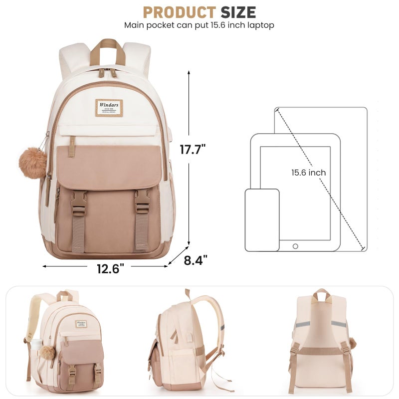 WINDARS School Backpack for Teen Girls, Cute College Backpacks for Women Students Aesthetic Bookbag Large 15.6 Inch Laptop Bag Middle School Travel Back Pack (Khaki Beige) - Image 3