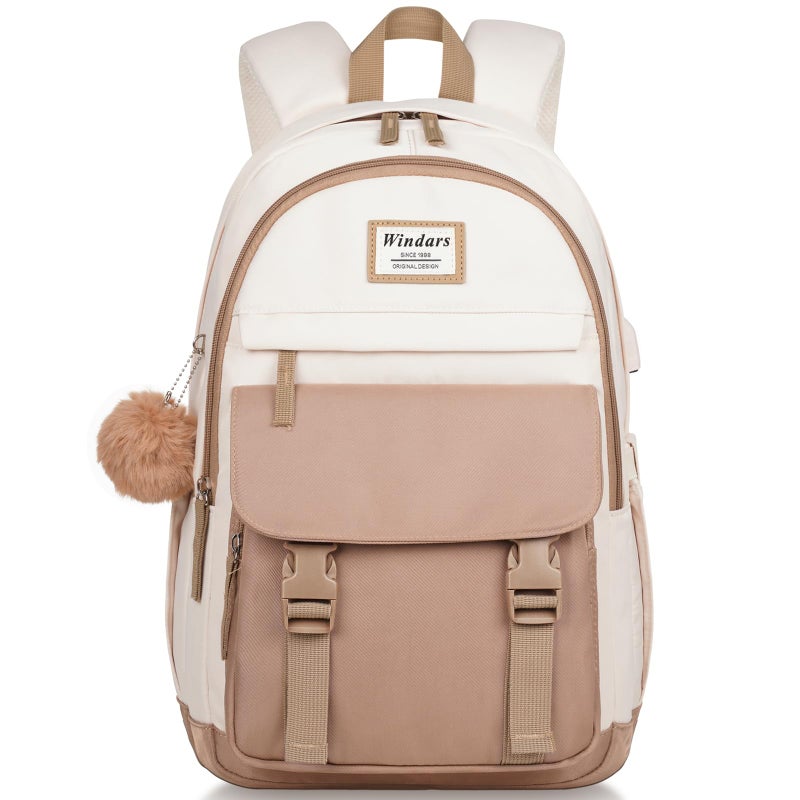 WINDARS School Backpack for Teen Girls, Cute College Backpacks for Women Students Aesthetic Bookbag Large 15.6 Inch Laptop Bag Middle School Travel Back Pack (Khaki Beige) - Image 1