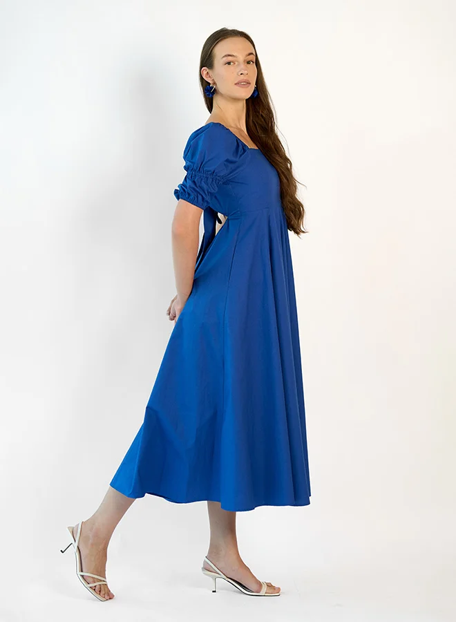 Virgio royal blue VIRGIO 100% Cotton square neck Puff Midi dress for Women | Best Price UAE