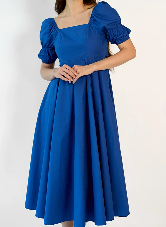 Virgio royal blue VIRGIO 100% Cotton square neck Puff Midi dress for Women | Best Price UAE