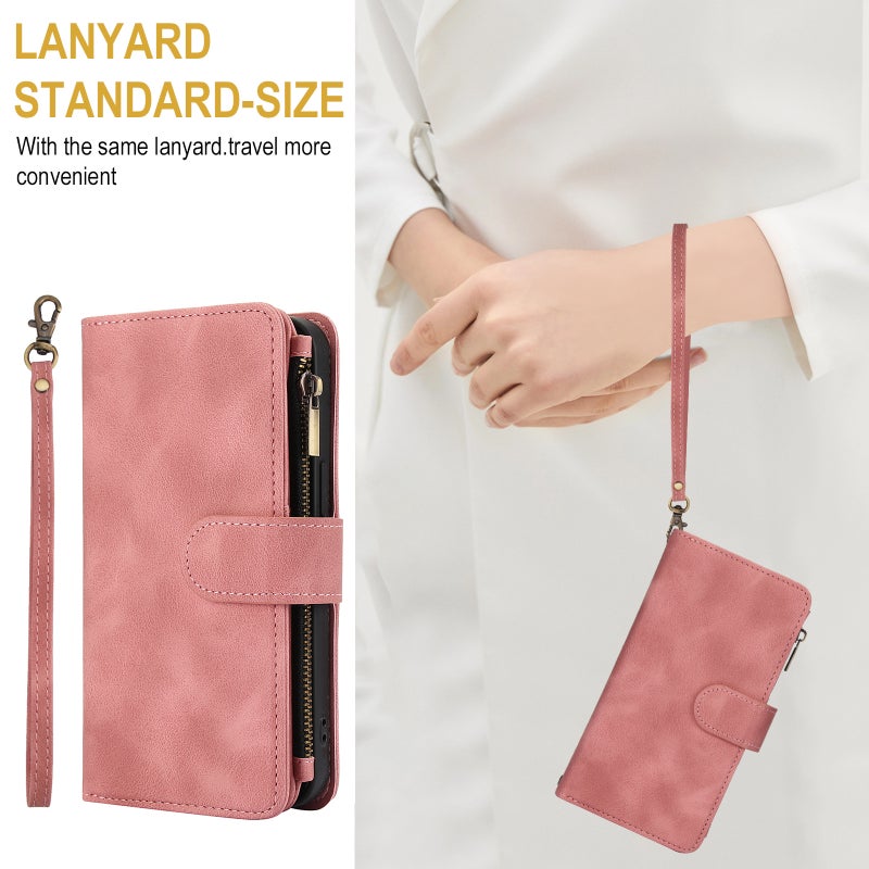 HuHa Case Cover For Google Pixel 7 Dream 9-Card Zipper Wallet RFID Leather Phone Case with Lanyard(Rose Gold) - Image 3