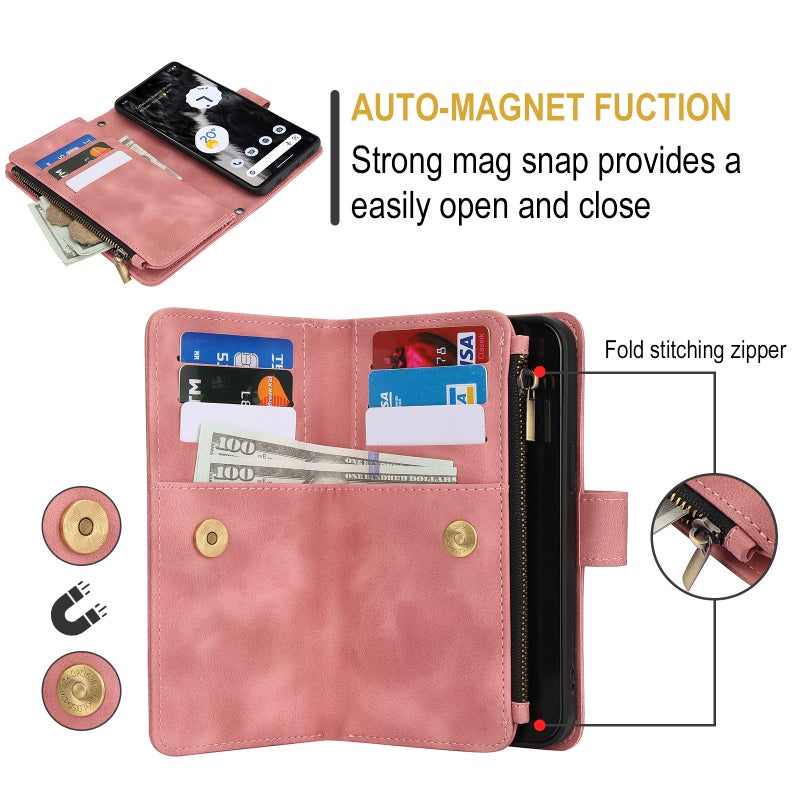 HuHa Case Cover For Google Pixel 7 Dream 9-Card Zipper Wallet RFID Leather Phone Case with Lanyard(Rose Gold) - Image 5