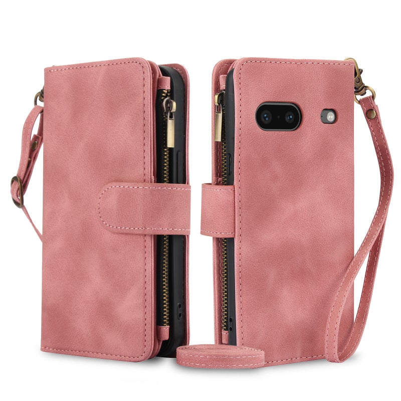 HuHa Case Cover For Google Pixel 7 Dream 9-Card Zipper Wallet RFID Leather Phone Case with Lanyard(Rose Gold) - Image 1