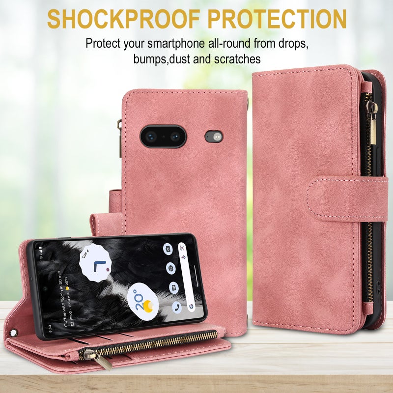 HuHa Case Cover For Google Pixel 7 Dream 9-Card Zipper Wallet RFID Leather Phone Case with Lanyard(Rose Gold) - Image 2