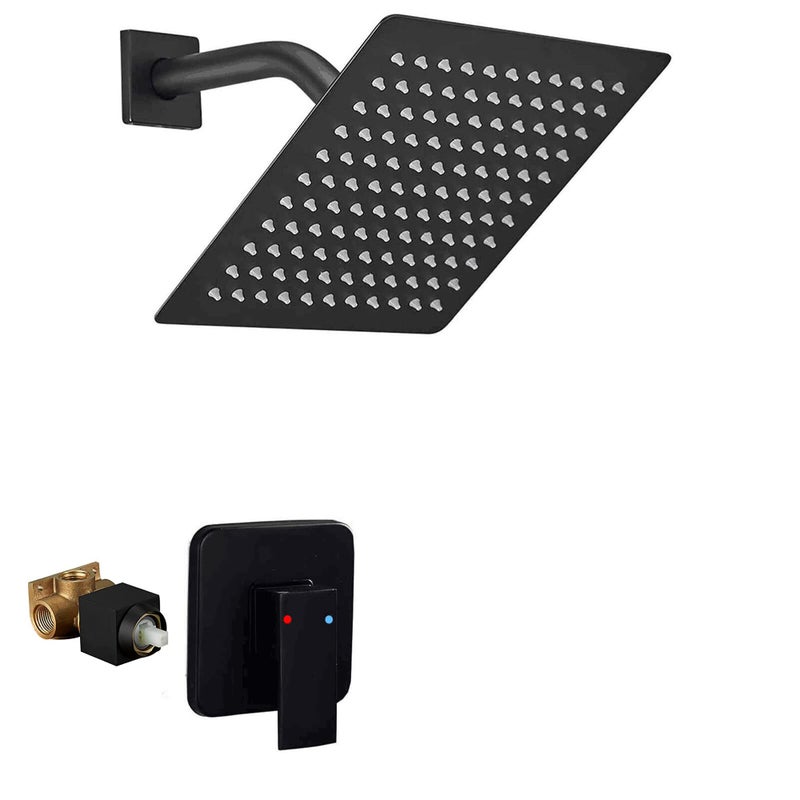 Black Shower Faucet GGStudy Single Function Shower Trim Kit with Roughin Valve Shower Set Bath Rainfall Shower Faucet System 8inch Square Stainless Steel Metal Shower Head