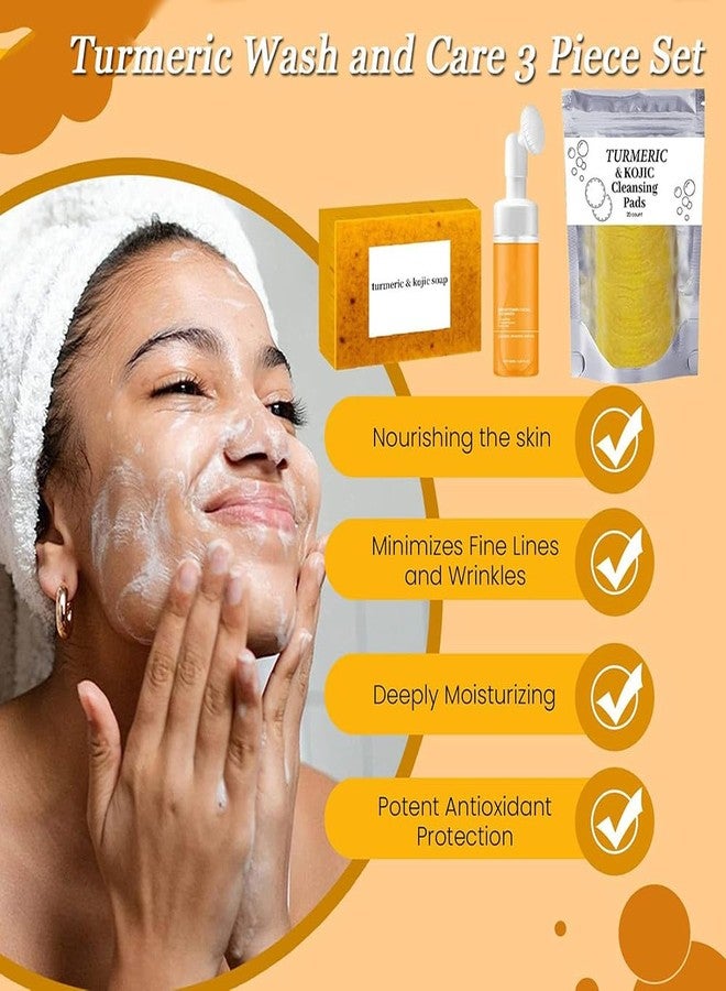 Bruiseweed Turmeric Wash and Care 3 Piece Set, Turmeric Trio: Kojic Soap Bar/Facial Pads/Face Cleansing Wash with Brush, Jabon de Curcuma, Tumeric Soap Facial Cleaner Skincare Three Set for Face & Body (A) - Image 2