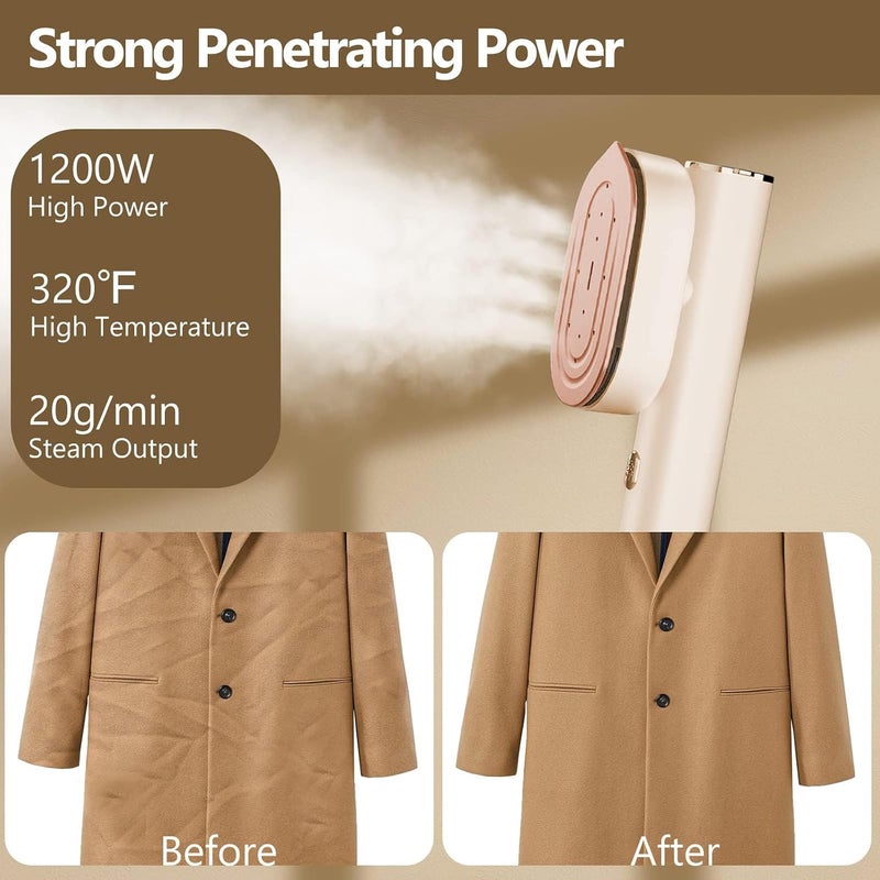 HI-FINE Portable Steamer for Clothes Travel Mini Steamer and Iron Fast 10s Heat-Up, Horizontal and Vertical 1200W Effortless Wrinkle Removal, Garment Steamer and Iron for Travel Office Home (Cream) - Image 2