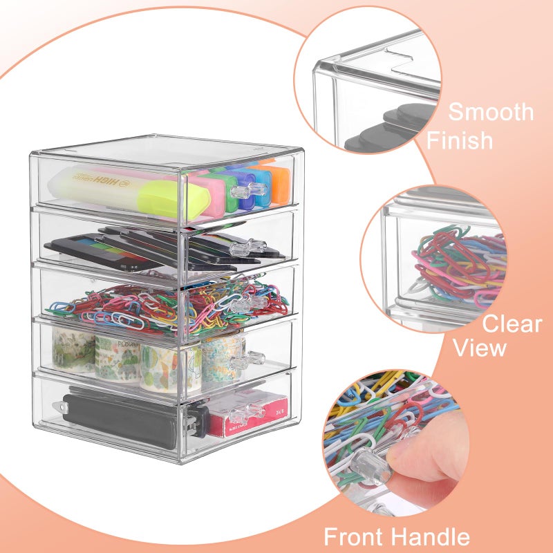 BTSKY Clear Acrylic Storage Organizer with Drawers, 5-Layer Desktop Organizer for Office Essentials, Multi-Purpose Stackable Container for Bathroom Vanity, Desk Makeup Jewelry Container Storage Box - Image 5