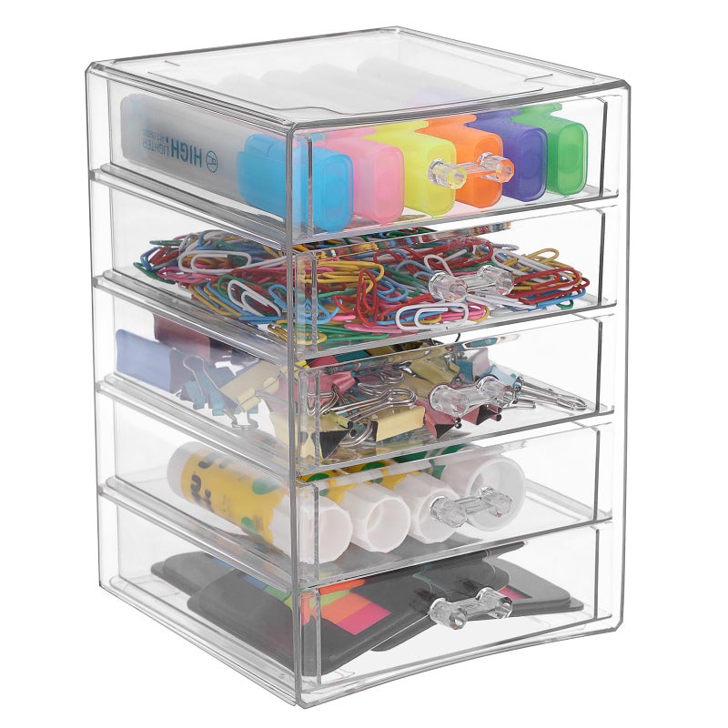 BTSKY Clear Acrylic Storage Organizer with Drawers, 5-Layer Desktop Organizer for Office Essentials, Multi-Purpose Stackable Container for Bathroom Vanity, Desk Makeup Jewelry Container Storage Box - Image 1