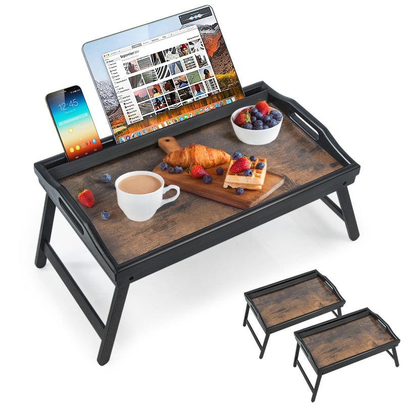 JMLHMXC 2 Pack Bed Tray Table Breakfast Trays Serving Tray Bamboo Bed Laptap Floding Legs with Handles and Phone Holders 