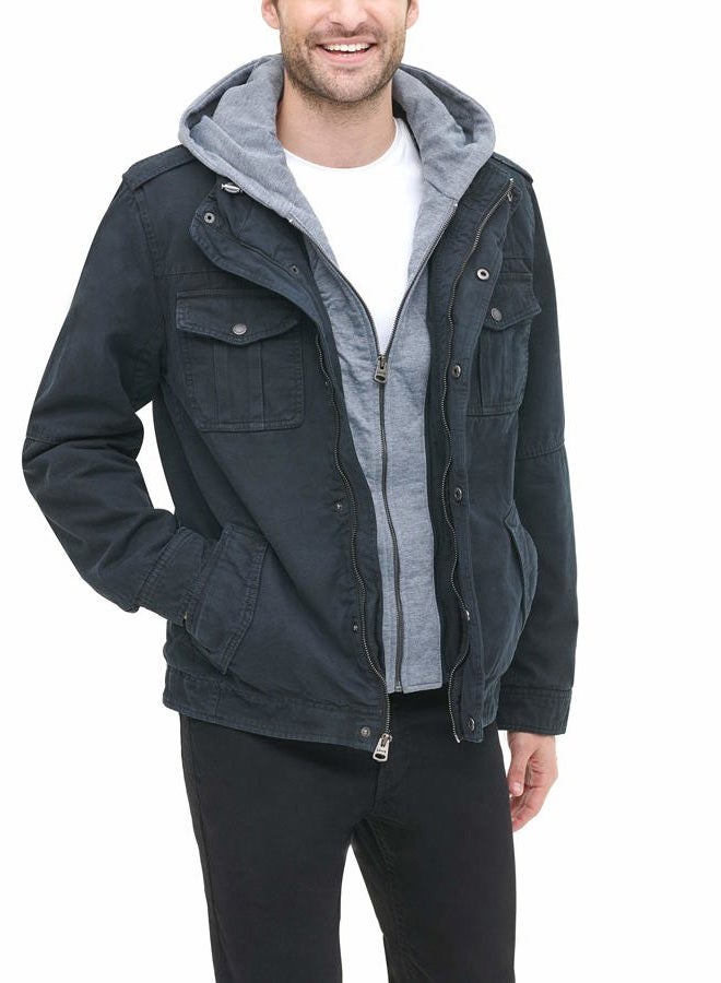 Levi's Men's Washed Cotton Military Jacket with Removable Hood (Standard and Big & Tall), Navy/Polytwill Lined, Large - Image 3
