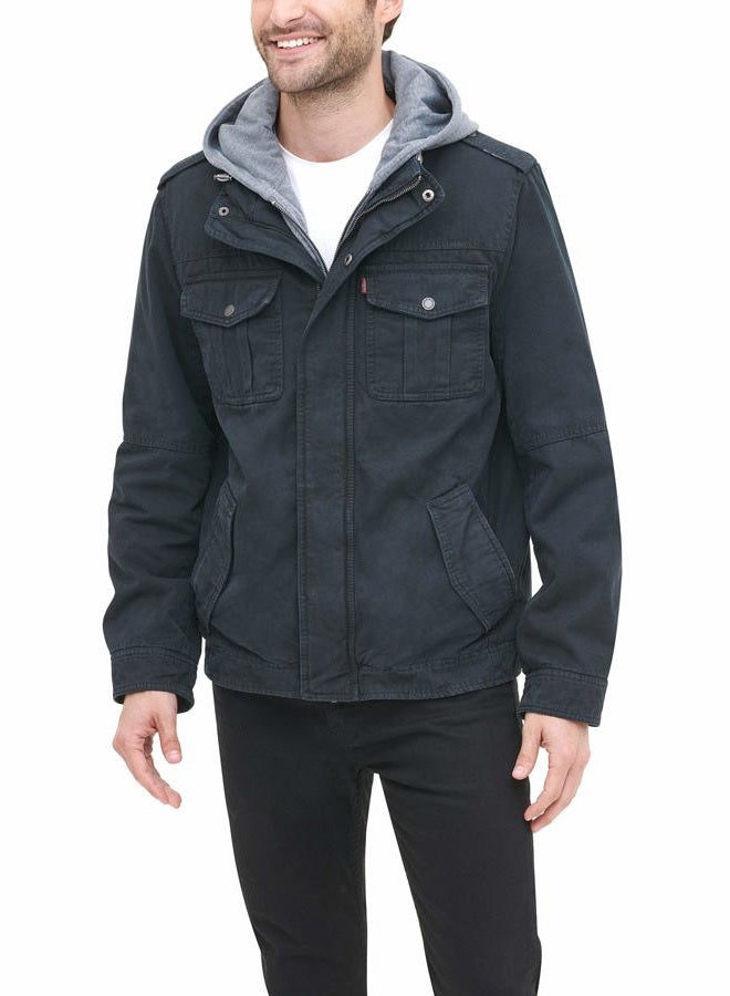 Levi's Men's Washed Cotton Military Jacket with Removable Hood (Standard and Big & Tall), Navy/Polytwill Lined, Large - Image 5