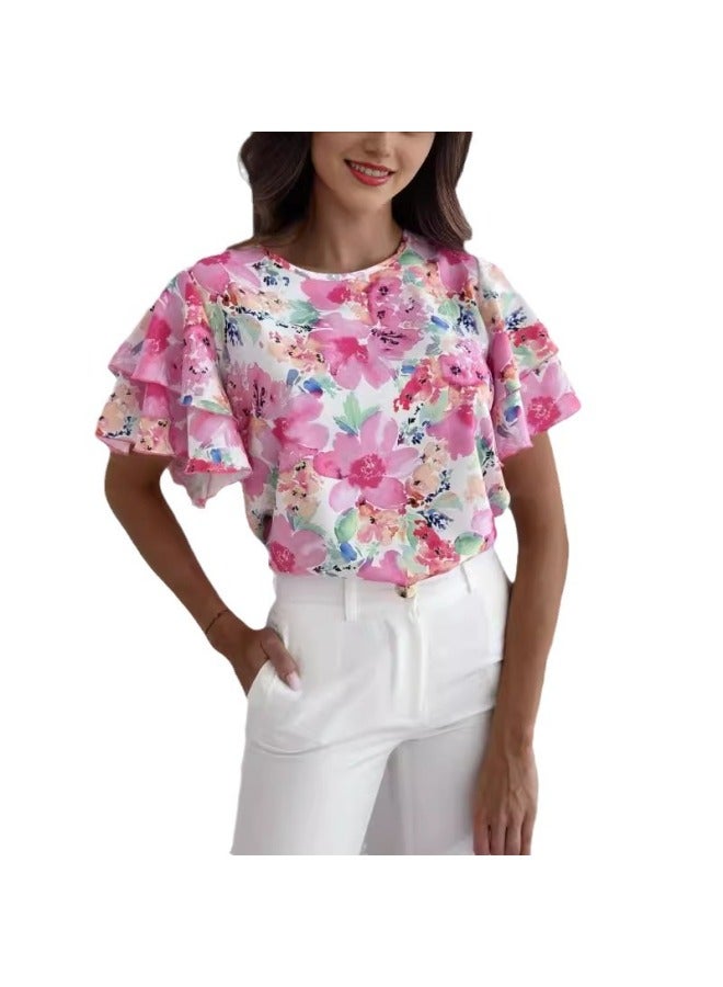 Song Feng Ya European And American W En's Summer Fashion Lotus Sleeve Round Neck Simple Printed Short Sleeve Top  - Image 2