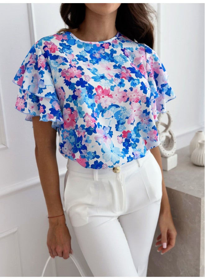 Song Feng Ya European And American W En's Summer Fashion Lotus Sleeve Round Neck Simple Printed Short Sleeve Top  - Image 1