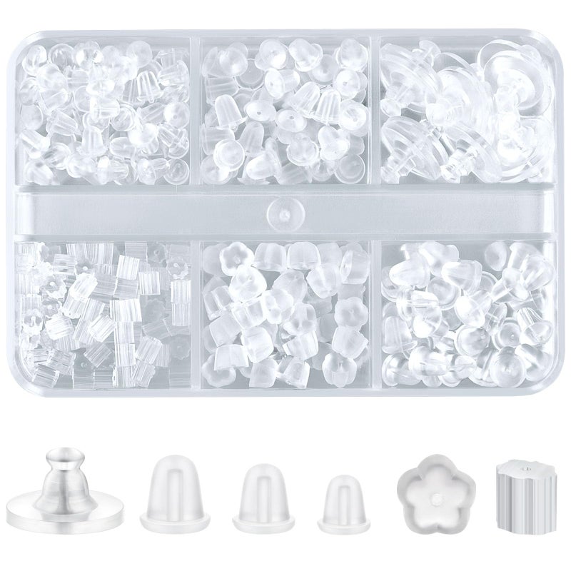 Formulen 6 Styles Silicone Earring Backs, 600 Clear Soft Hypoallergenic Plastic Rubber Earring Backs Clutch Stoppers Kits for Fish Hook Hoops - Image 1