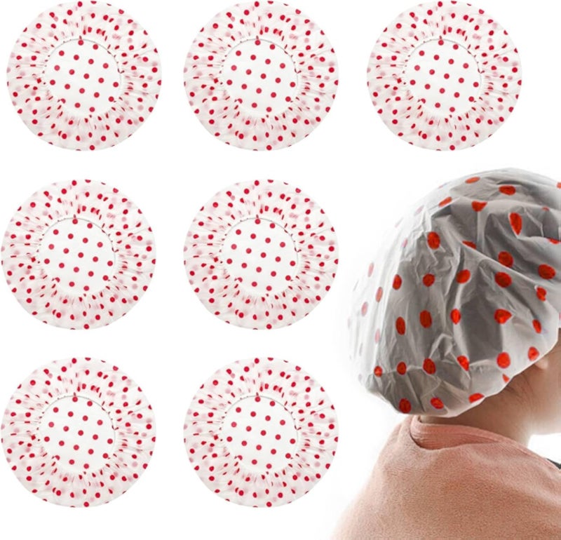 8pk Shower Caps for Women UK Red Polka Dot Design Waterproof Reusable &amp; Disposable Bath Hat Durable Plastic Stretchable Elastic for All Hair Types