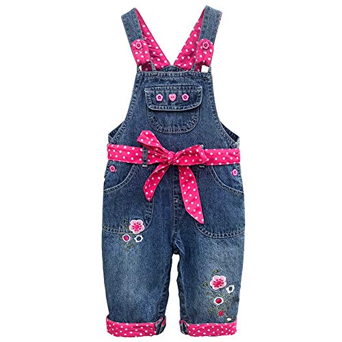 Peacolate 3months-3Years Baby Girls Denim Overalls Embroidery Bib Pants Jeans Jumpsuit(2-3Years,Rose Red) - Image 1