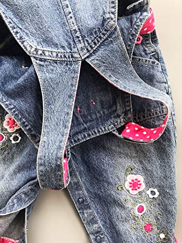 Peacolate 3months-3Years Baby Girls Denim Overalls Embroidery Bib Pants Jeans Jumpsuit(2-3Years,Rose Red) - Image 4