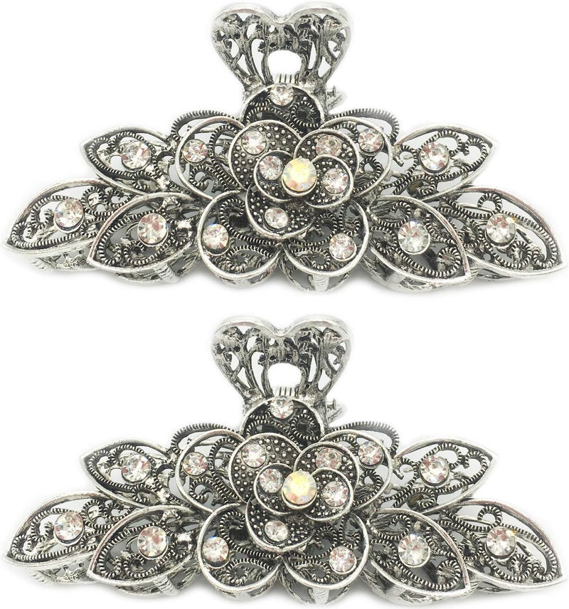 DonLeeving 2 Pcs Women Retro Chic Rhinestone Alloy Fancy Hair Claw Jaw Clips Pins Vintage Flowers Hair Catch Updo Grip Hair Accessories for Thick HairWhite Diamond