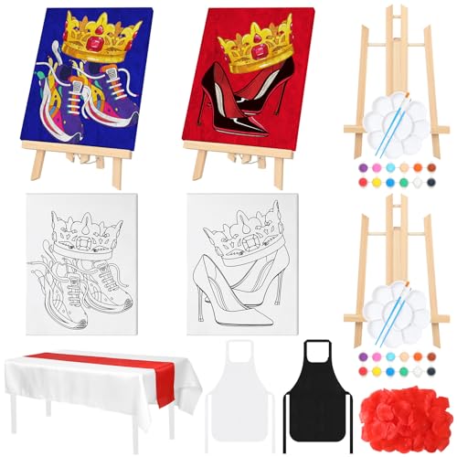 Zhanmai 112 Pcs Sip and Paint Kit for Adults Couples Painting Kit Date Night Pre Drawn Canvas to Paint at Home Party Supplies Stretched Canvas Couple Romantic ActivityShoes8 x 10 Inch - Image 1