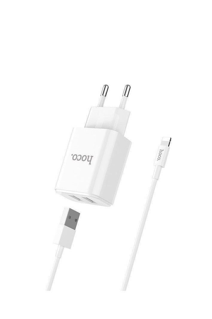 Hoco C62A Victoria Dual USB Cable Port Wall Charger (5V-2.1A)  with Lightning Cable , Compatible With Samsung Huawei Xiaomi Oppo - White - Image 1