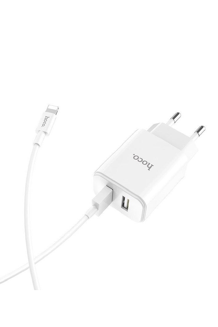 Hoco C62A Victoria Dual USB Cable Port Wall Charger (5V-2.1A)  with Lightning Cable , Compatible With Samsung Huawei Xiaomi Oppo - White - Image 2