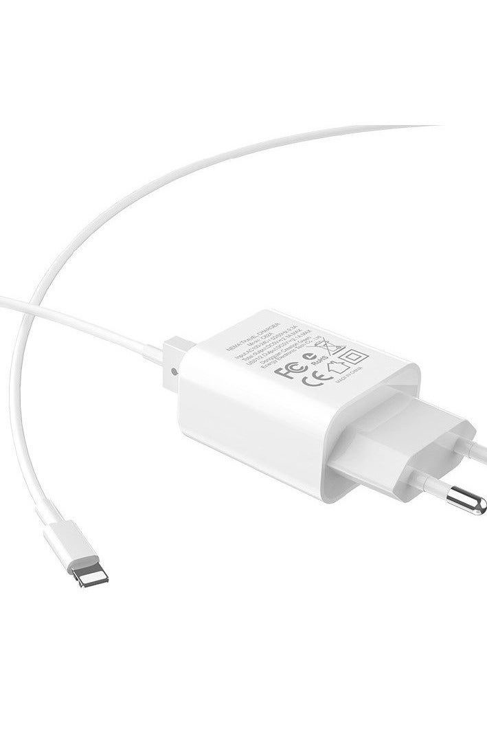 Hoco C62A Victoria Dual USB Cable Port Wall Charger (5V-2.1A)  with Lightning Cable , Compatible With Samsung Huawei Xiaomi Oppo - White - Image 3