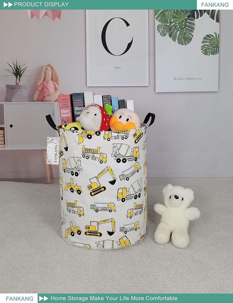 FANKANG Storage Basket, Nursery Hamper Canvas Laundry Basket Foldable with Waterproof PE Coating Large Storage Baskets for Kids Boys and Girls, Office, Bedroom, Clothes,Toys（excavator） - Image 3